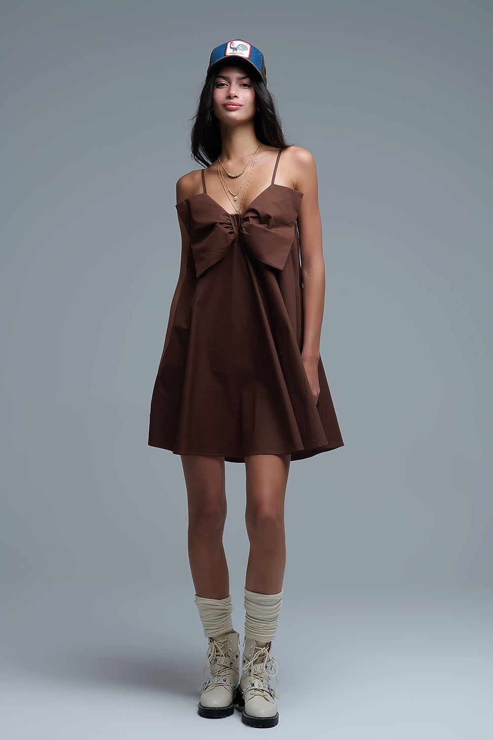 Brown poplin mini dress with a big bow detail - dress