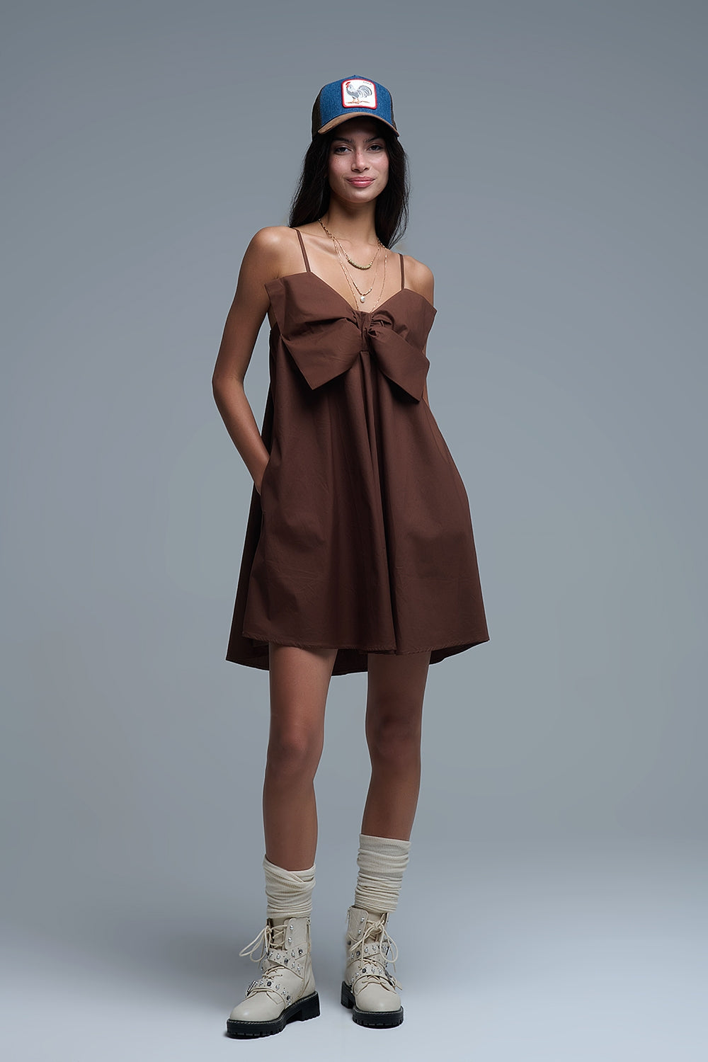 Brown poplin mini dress with a big bow detail - dress