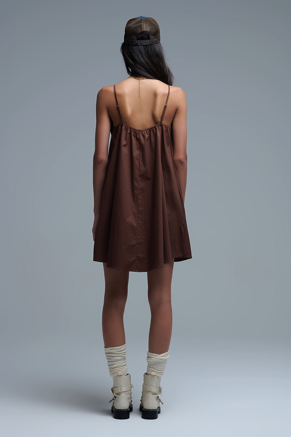 Brown poplin mini dress with a big bow detail - dress