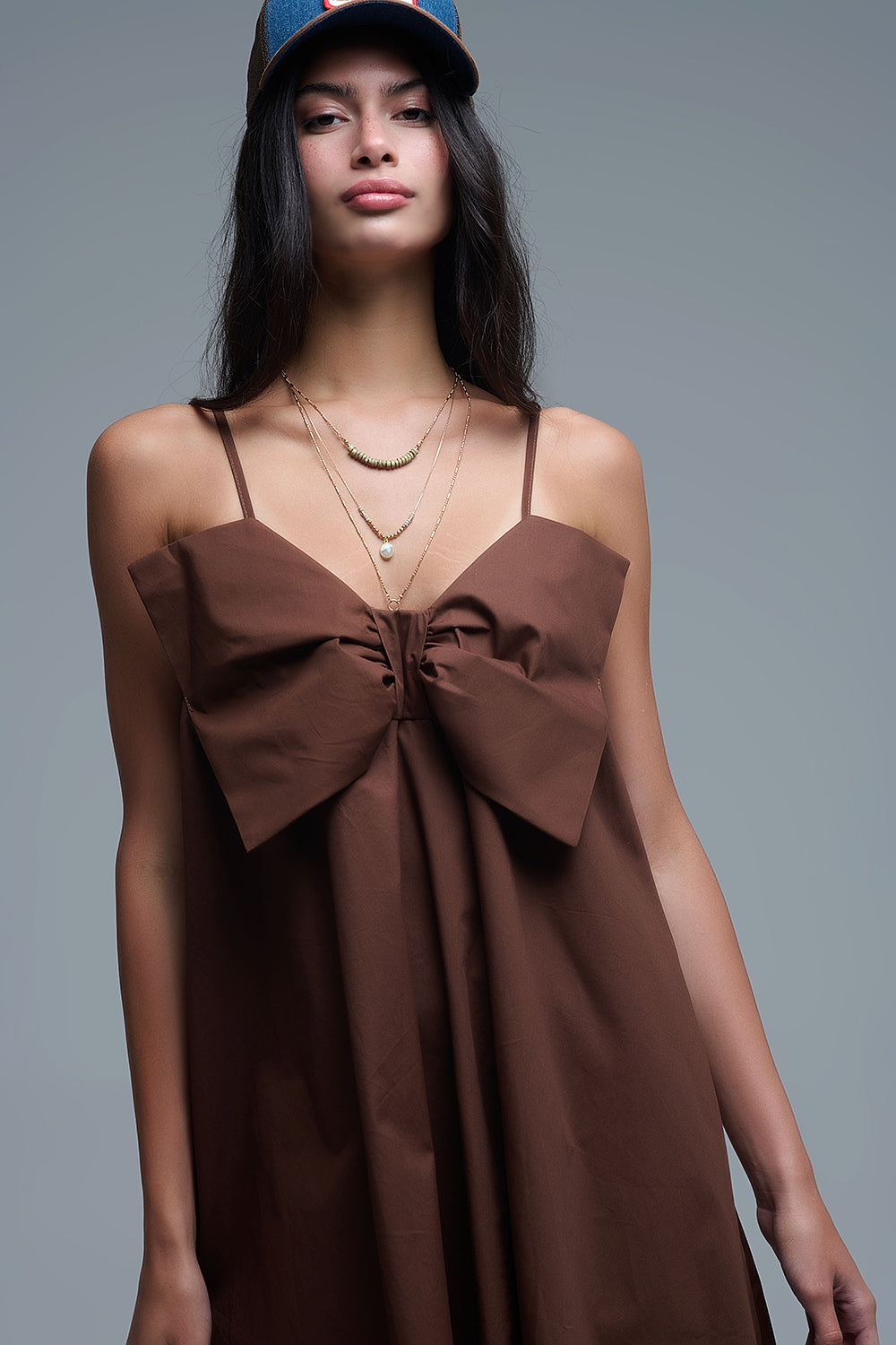 Brown poplin mini dress with a big bow detail - dress