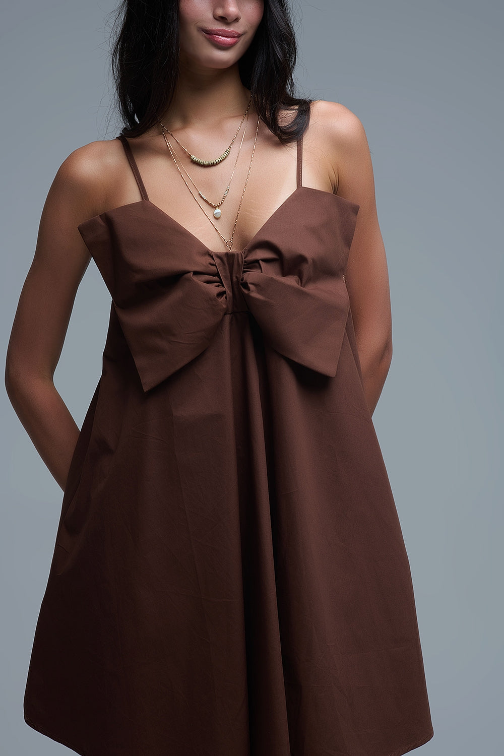 Brown poplin mini dress with a big bow detail - dress