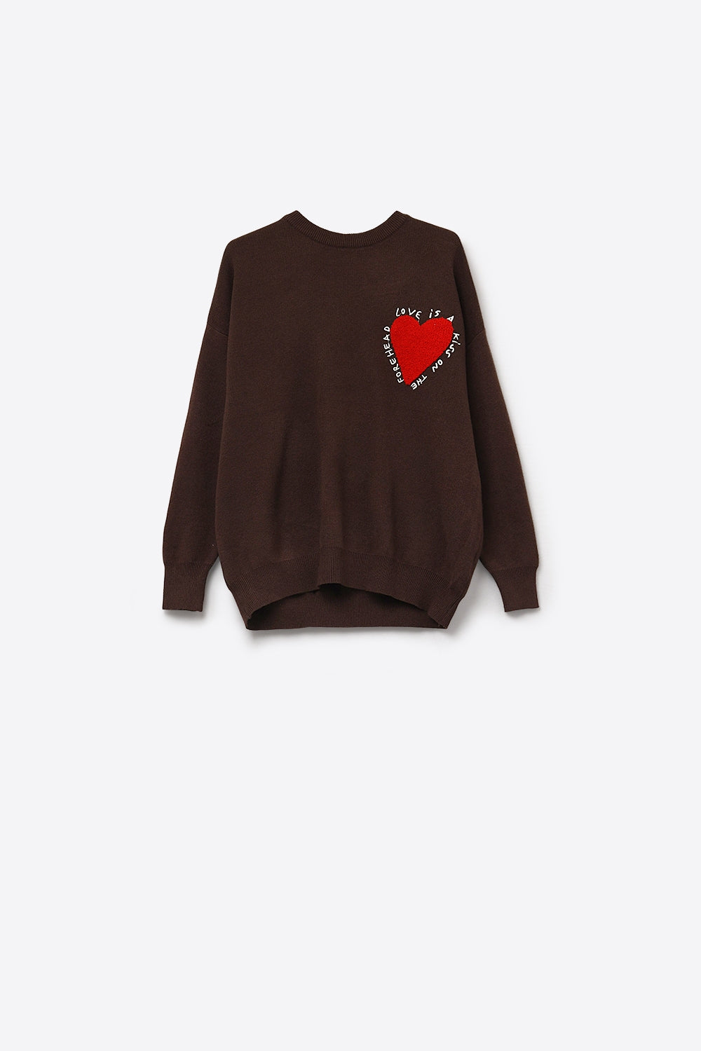 Embroidered Heart knitted Sweatshirt With Text in Brown - jumper