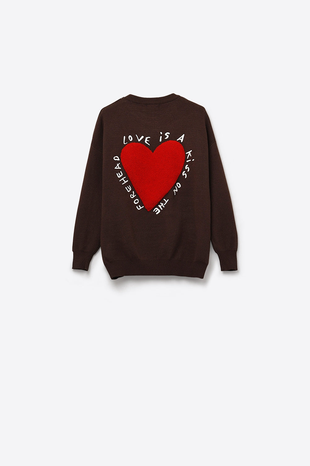 Embroidered Heart knitted Sweatshirt With Text in Brown - jumper