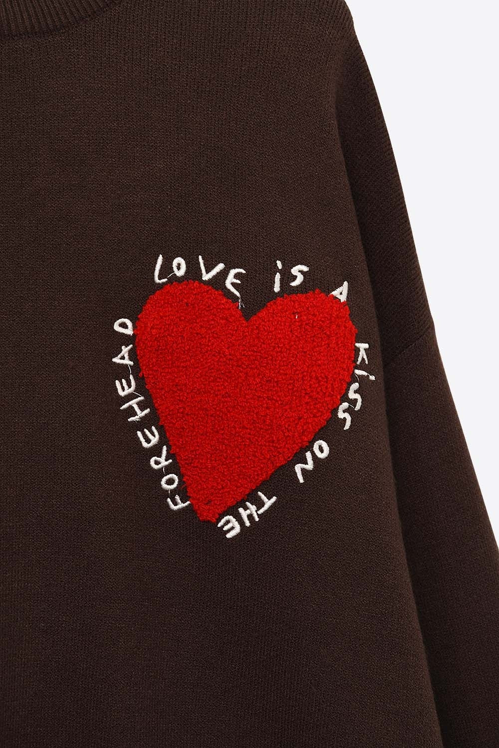Embroidered Heart knitted Sweatshirt With Text in Brown - jumper