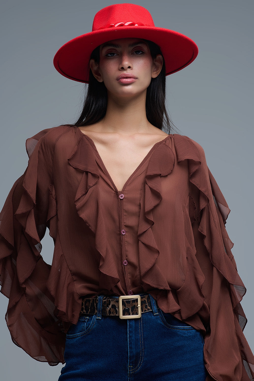 Brown chiffon V-Neck All Over Ruffle Blouse - Shirts
