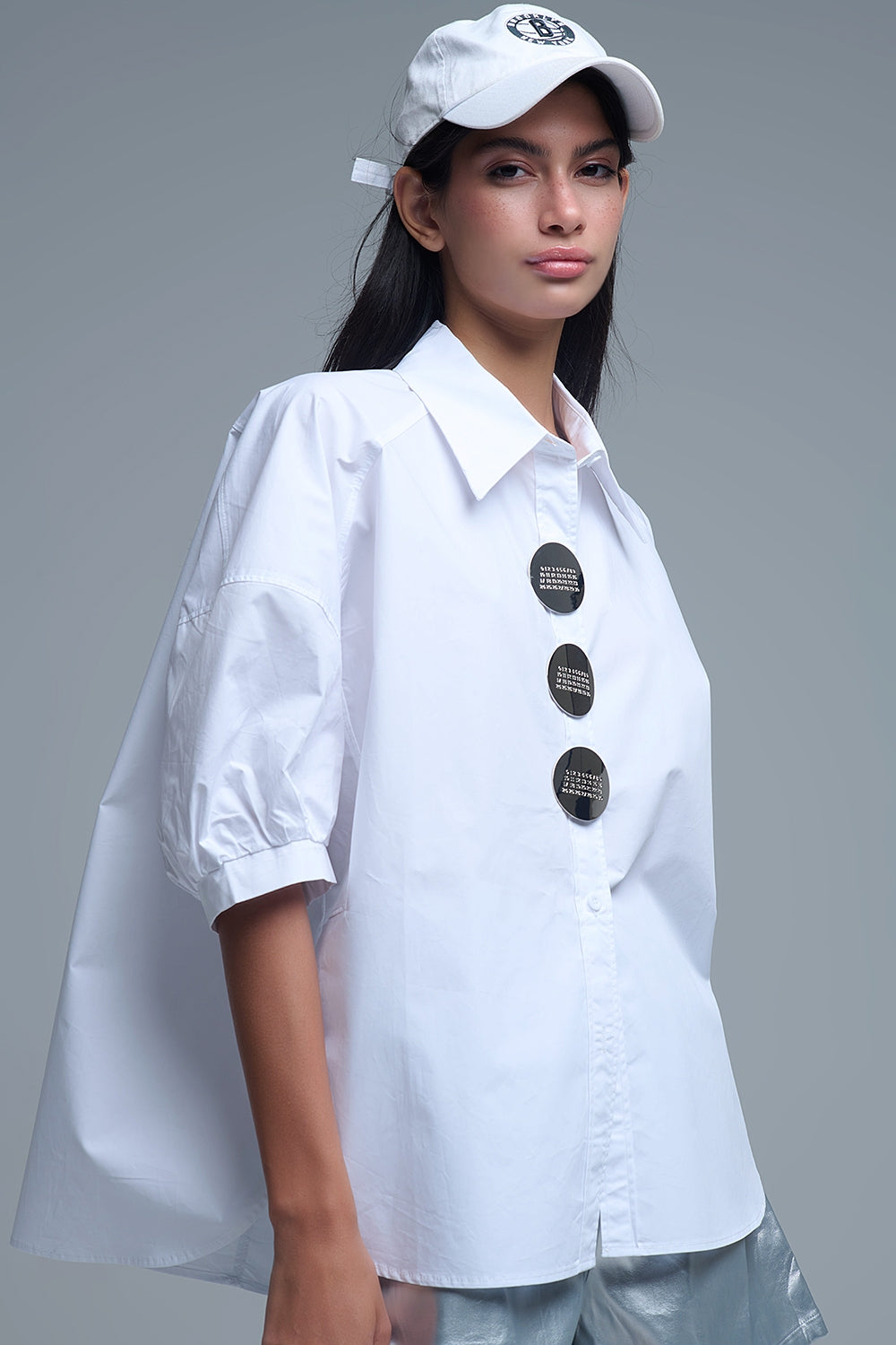 Chemise Relaxed en Popeline Manches 3/4 avec Détails Boutons Blanc