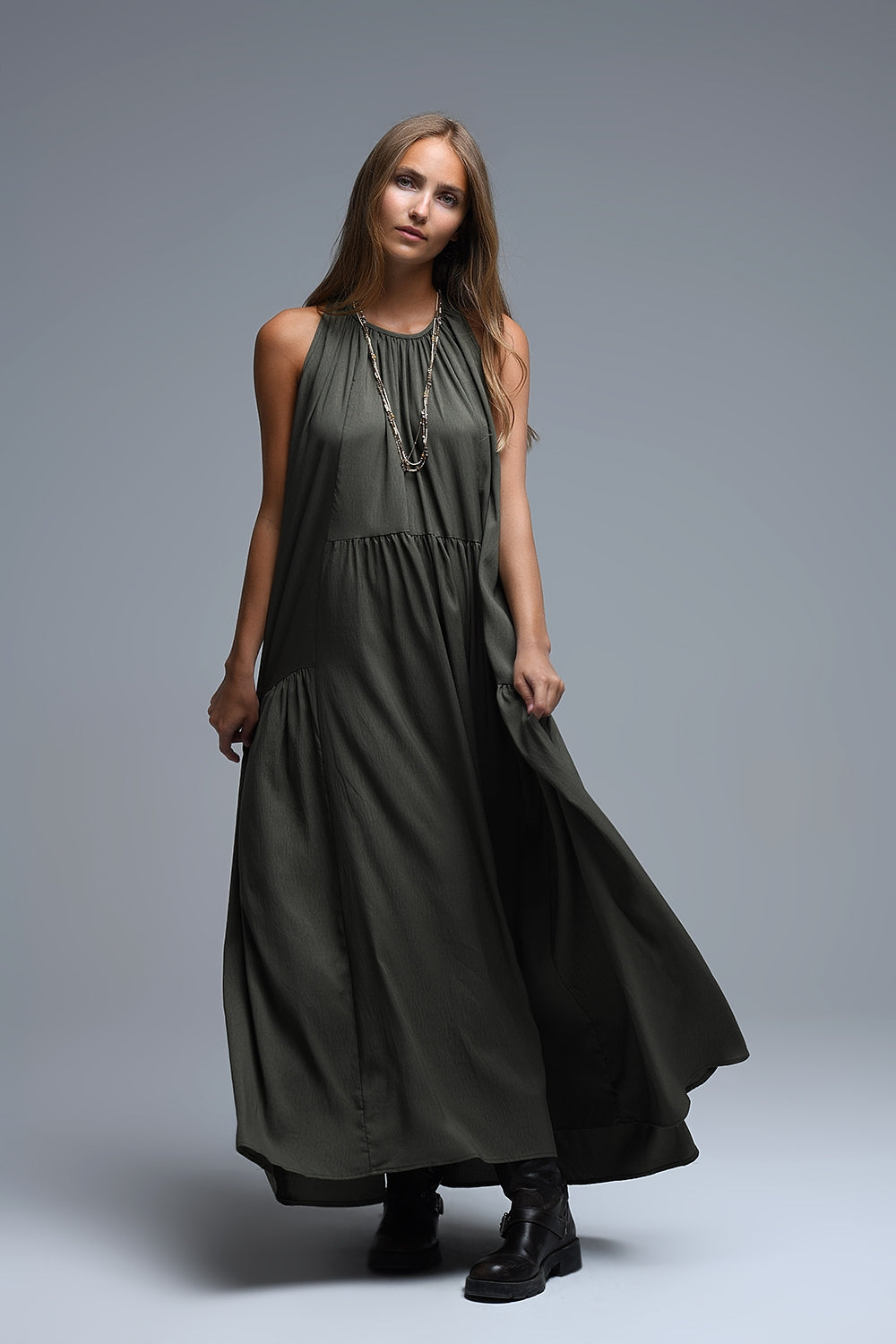 Khaki Halter Neck Maxi Dress With Seam Detailing - dress