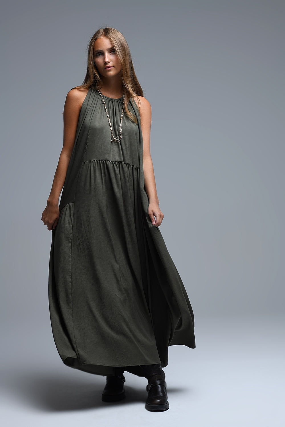 Khaki Halter Neck Maxi Dress With Seam Detailing - dress