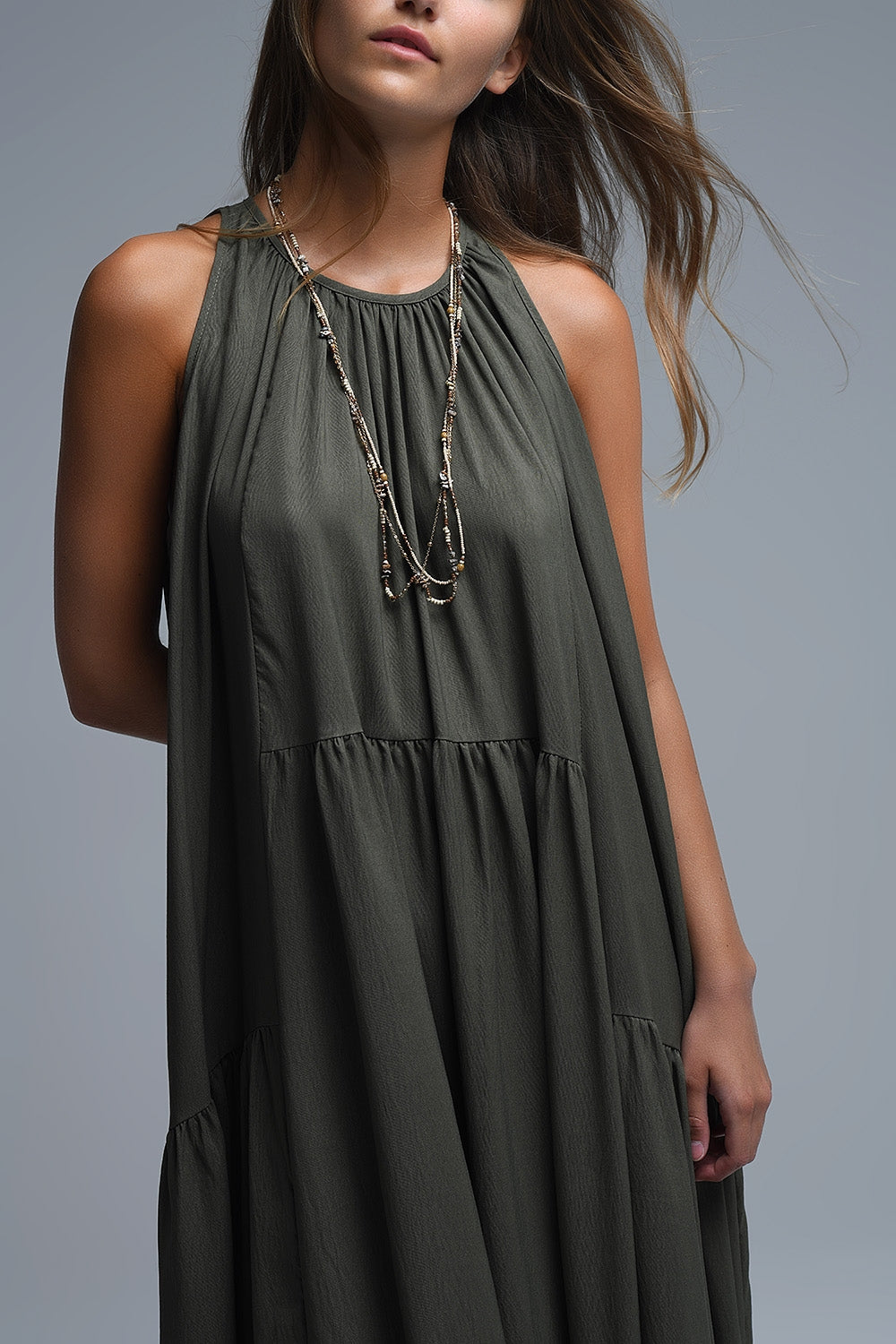 Khaki Halter Neck Maxi Dress With Seam Detailing - dress