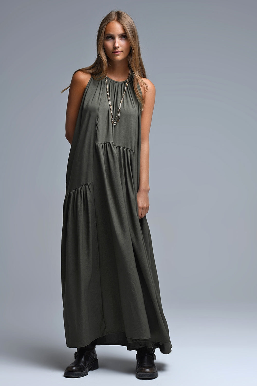 Khaki Halter Neck Maxi Dress With Seam Detailing - dress