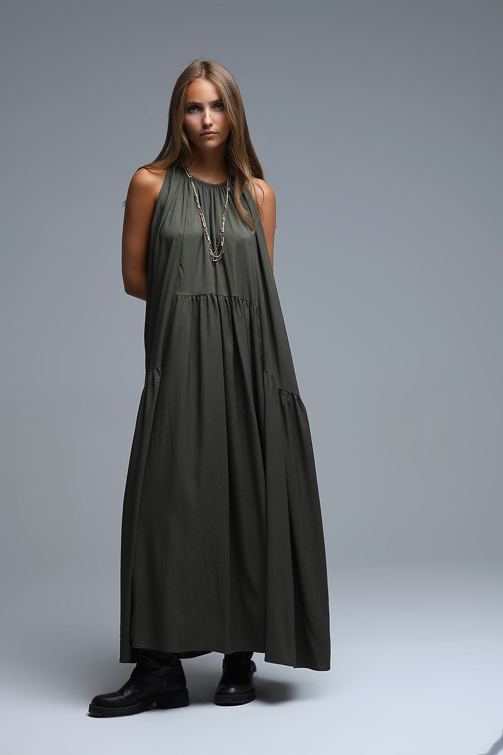 Khaki Halter Neck Maxi Dress With Seam Detailing - dress
