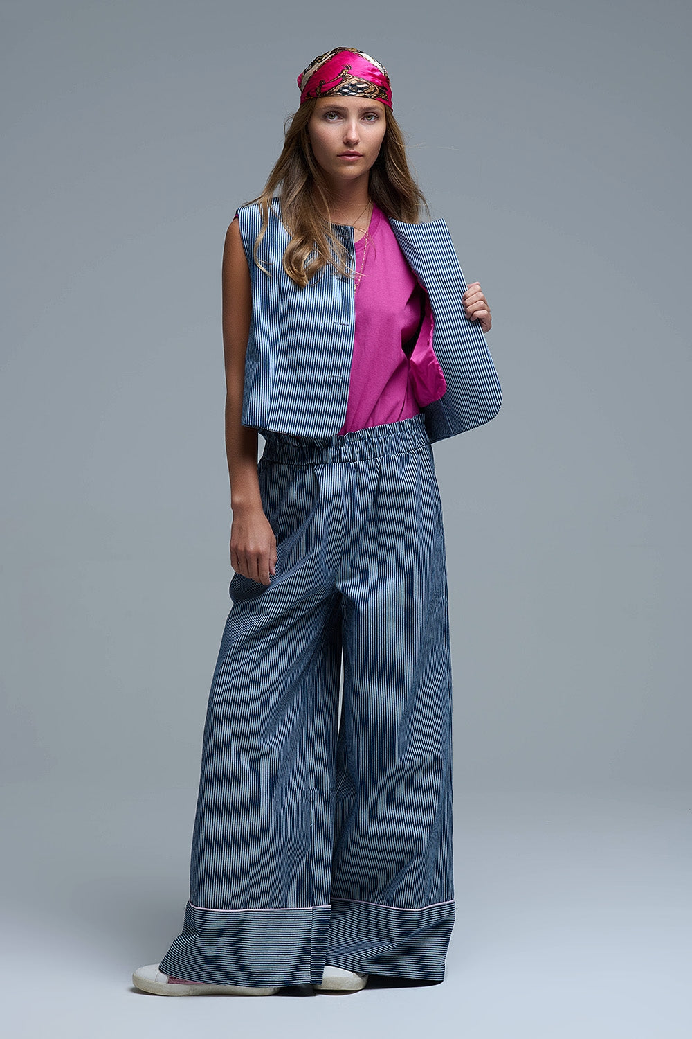 Blue and White Striped Crew Neck Vest - blazer
