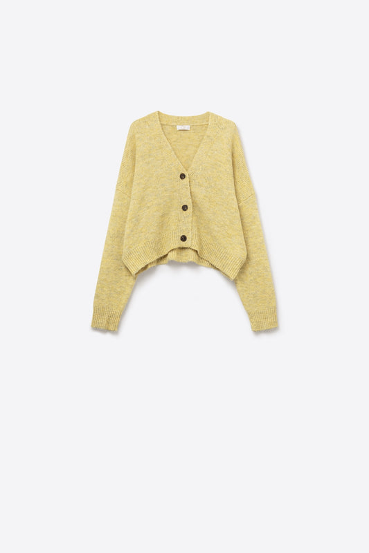 V-neck Basic yellow Buttoned Cardigan in fluffy knitted - cardigan
