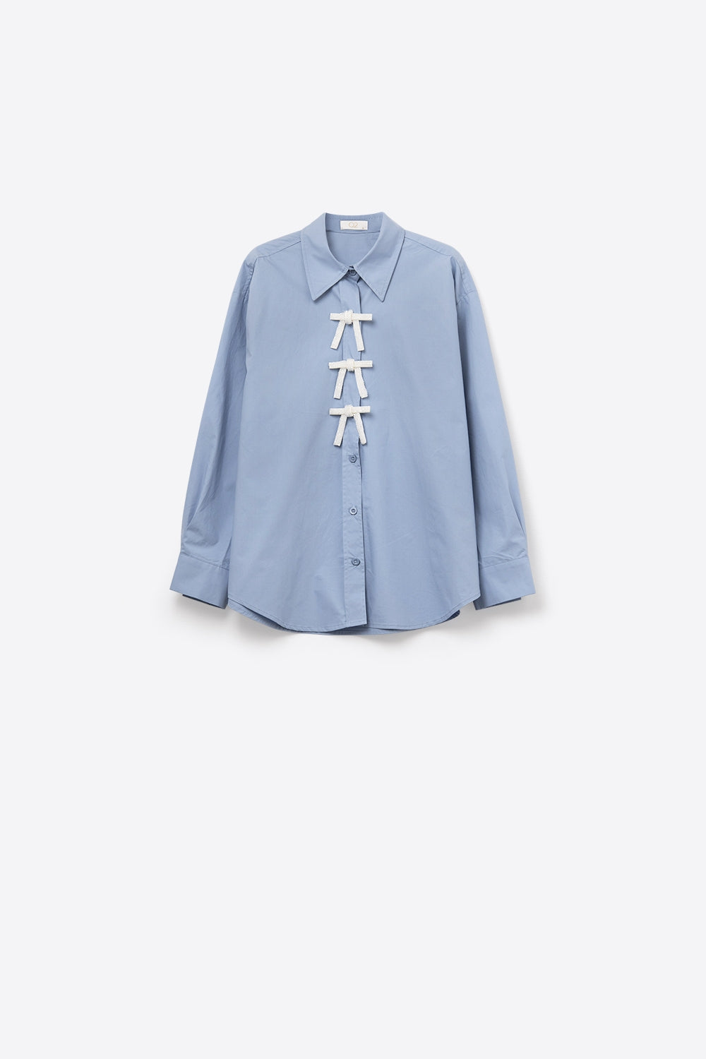 Blue Oversized Poplin Shirt With White Beaded Bow Buttons - Shirts