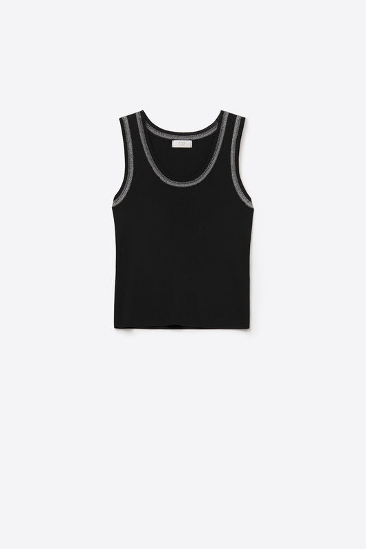Black Sleeveless Knit Top with Metallic Trim