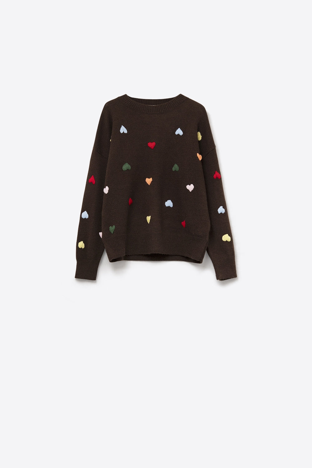Brown Crew neck Sweater With Multicolor Embroidered Hearts - jumper