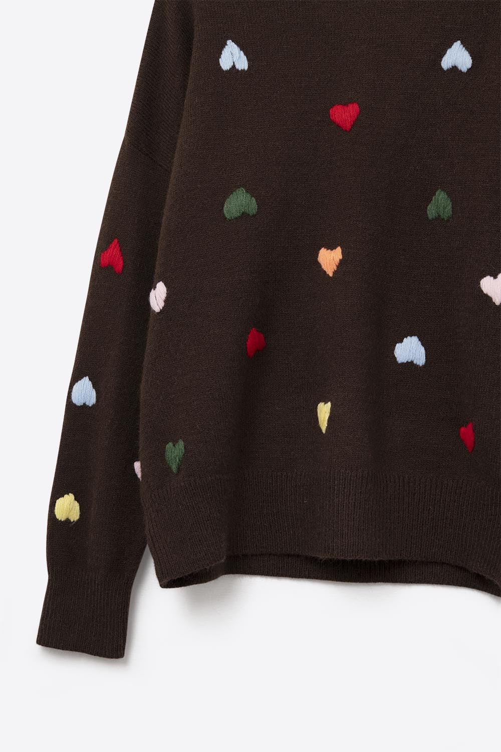 Brown Crew neck Sweater With Multicolor Embroidered Hearts - jumper