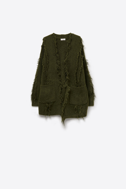 Forest Green Boho Distressed Cardigan With Front Pockets