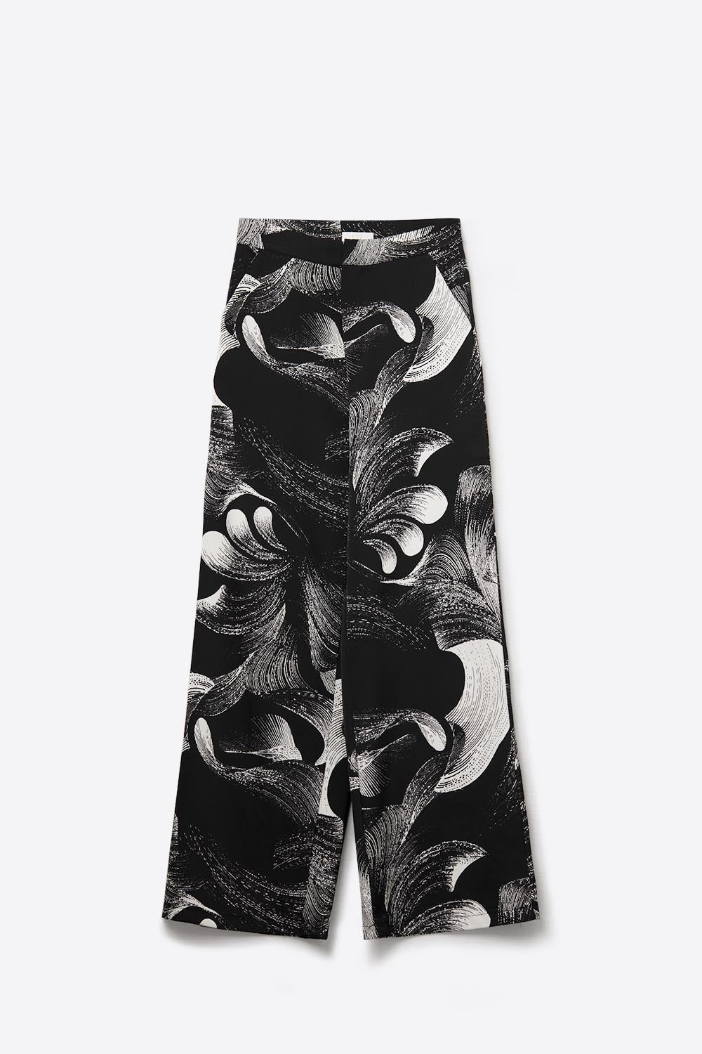 Elegant Printed Black Wide-Leg Pants in satin fabric - trousers