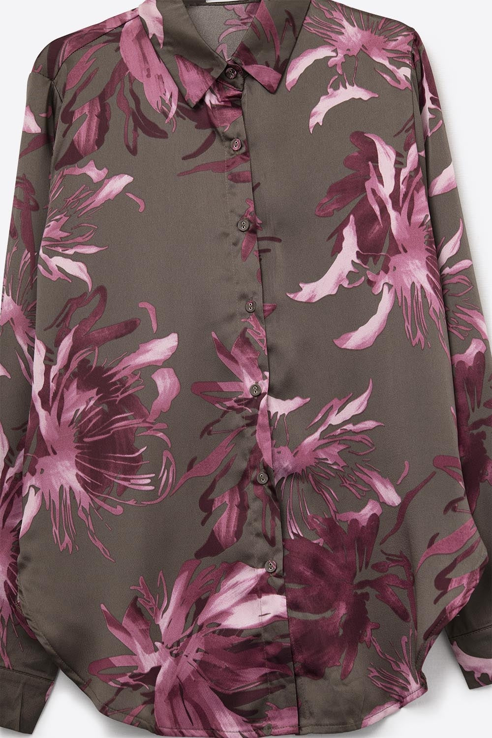 Gray Floral Print Satin Shirt with Buttons - Shirts