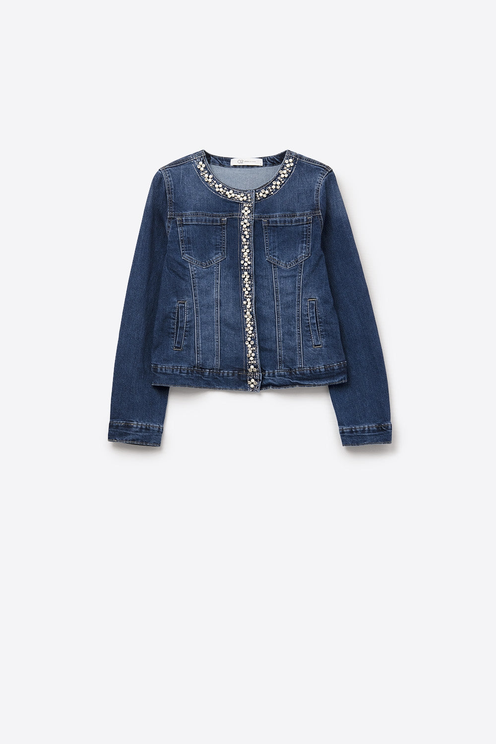 Stretch Denim Embellished Denim Jacket in Blue