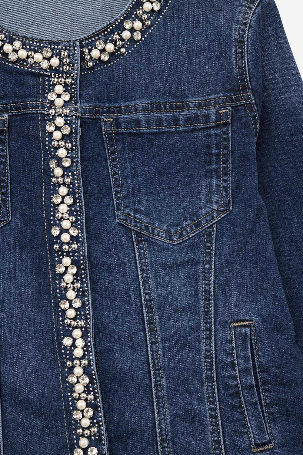 Stretch Denim Embellished Denim Jacket in Blue