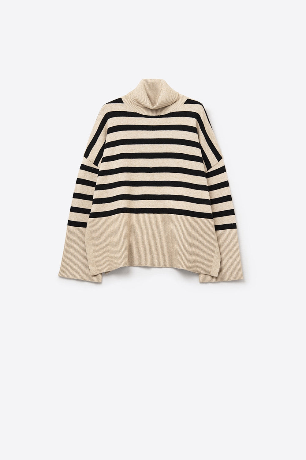 Beige oversized turtleneck sweater with black stripes and splits on the side