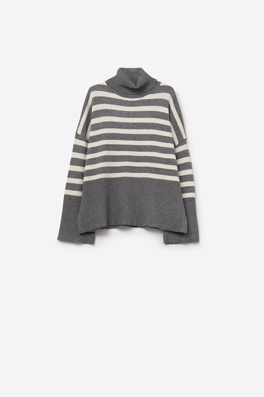 Gray oversized turtleneck sweater with white stripes and splits on the side