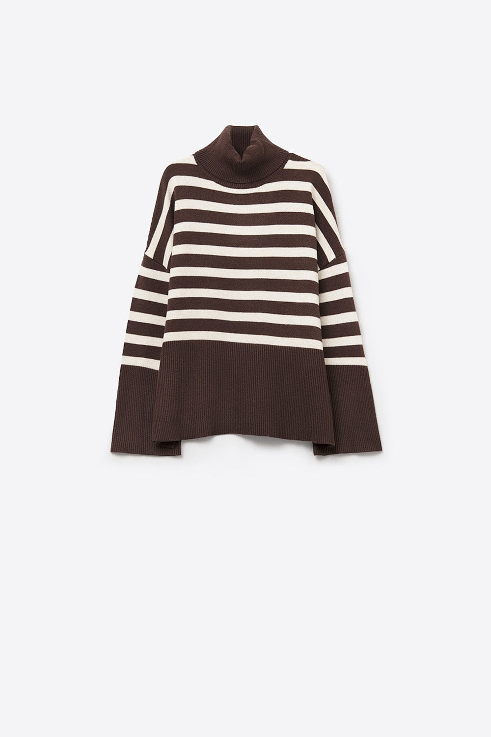Brown oversized turtleneck sweater with white stripes and splits on the side