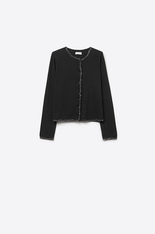 fine knit black cardigan with rhinestone detail