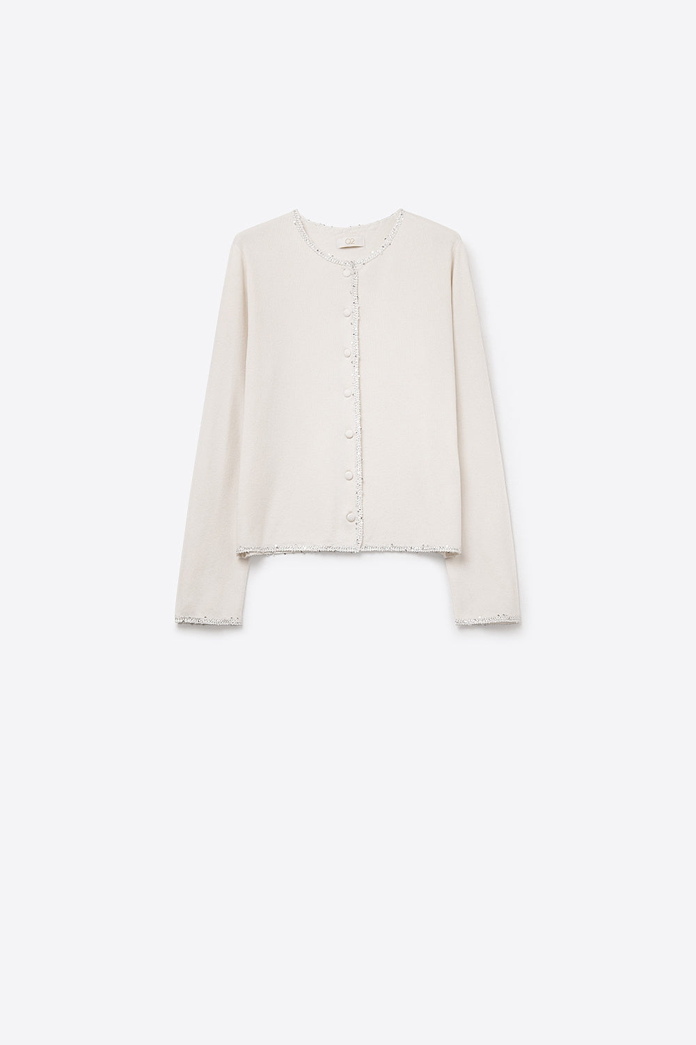 fine knit white cardigan with rhinestone detail
