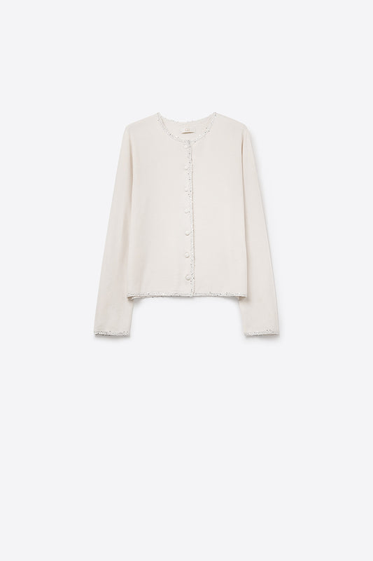 fine knit white cardigan with rhinestone detail