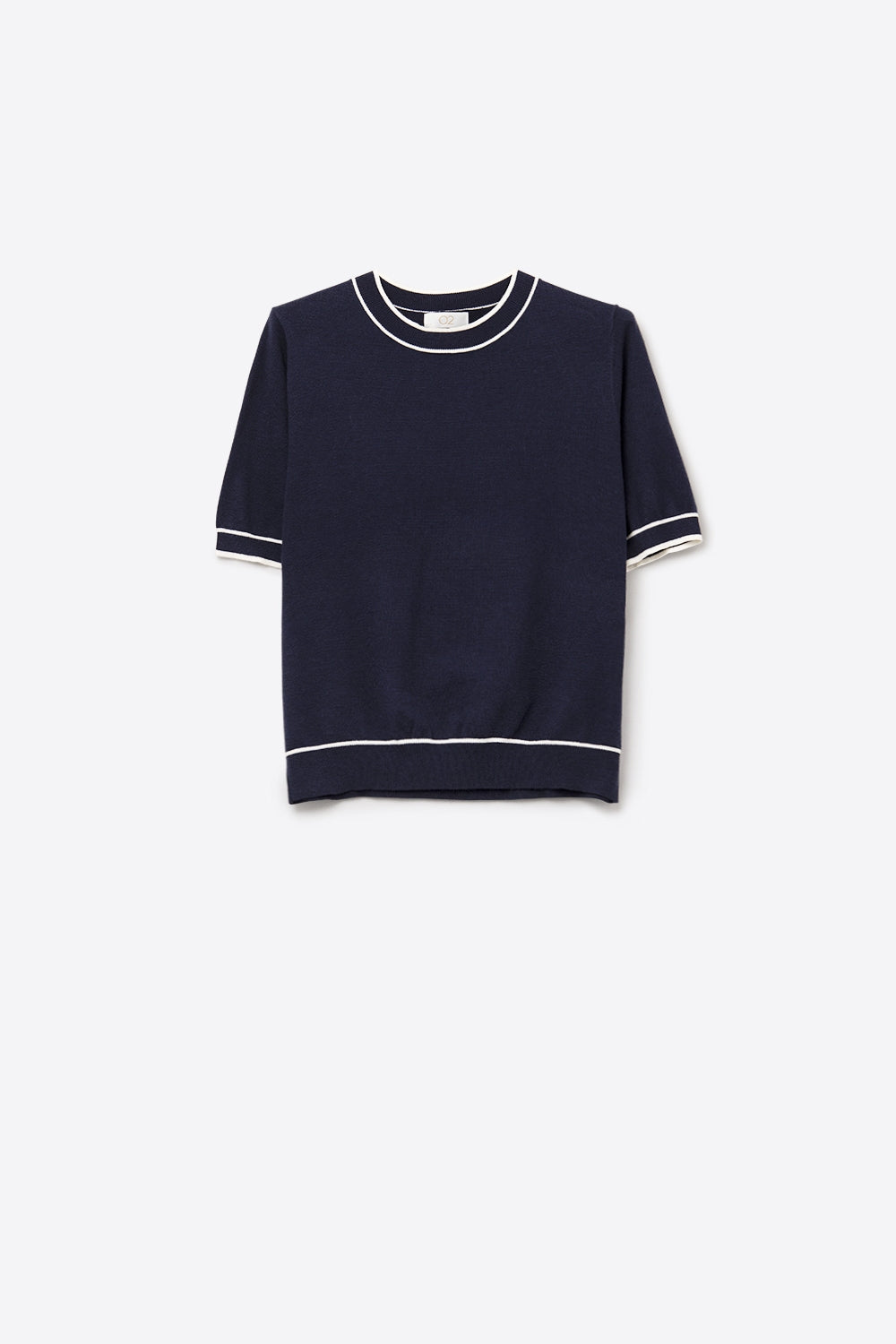 Navy short sleeve sweater with white line detail