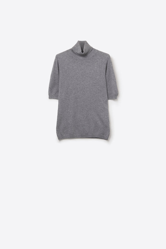Fine knit sweater in grey with a high neck and elbow-length sleeves