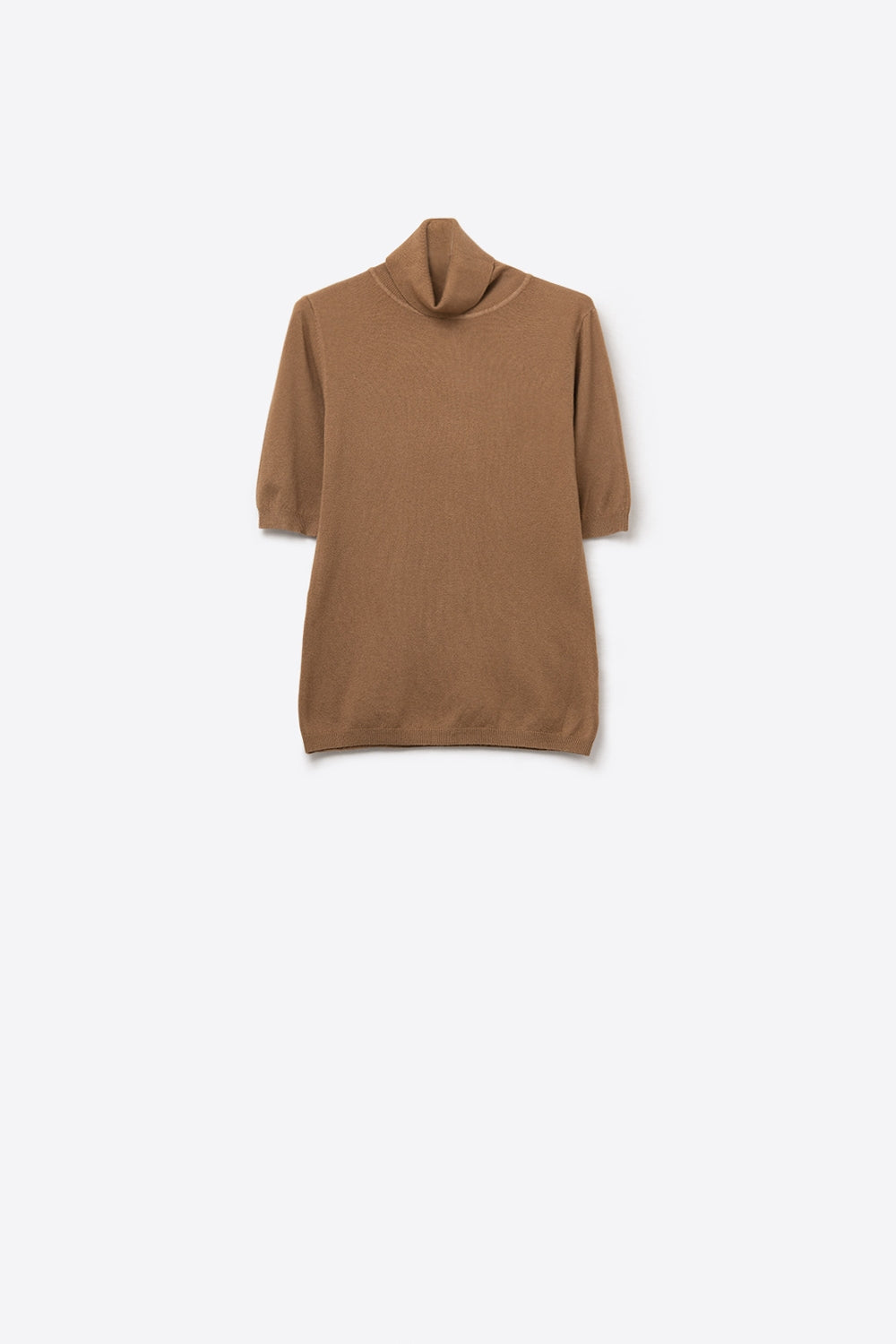 Camel Ribbed Knit Short Sleeve Turtleneck Sweater - Jumpers