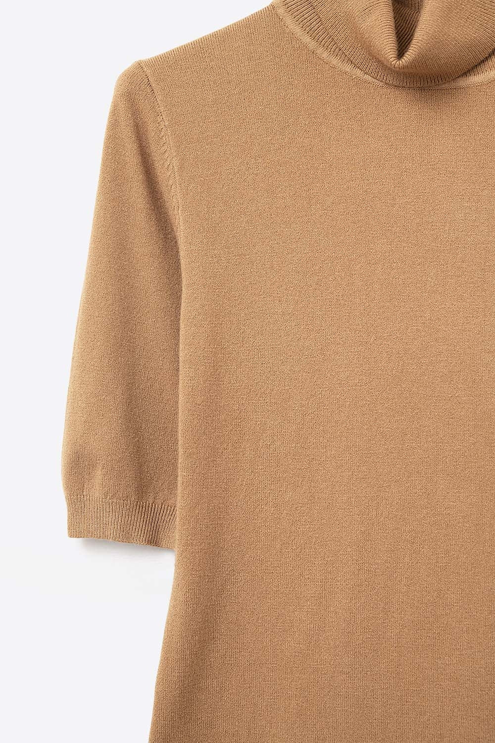Camel Ribbed Knit Short Sleeve Turtleneck Sweater - Jumpers