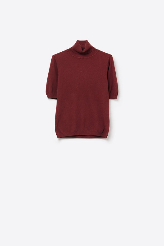 Burgundy Fine Knit Turtleneck Short Sleeve Sweater - Jumpers