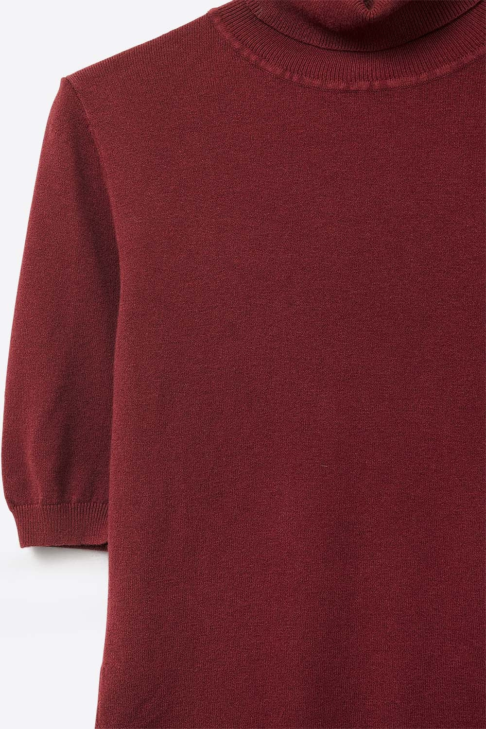 Burgundy Fine Knit Turtleneck Short Sleeve Sweater - Jumpers