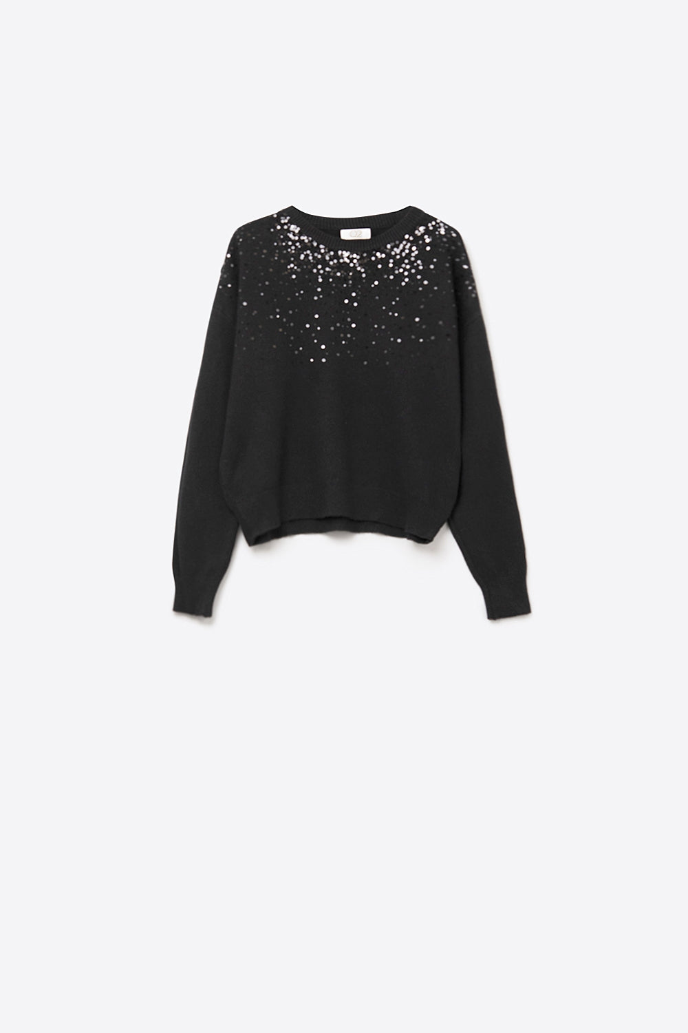 black soft knit sweater embellished with sequins on the front