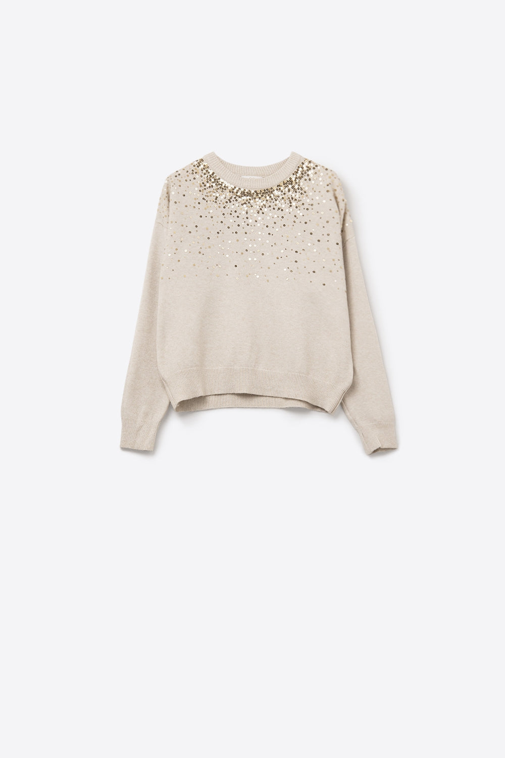 Cream soft knit sweater embellished with sequins on the front