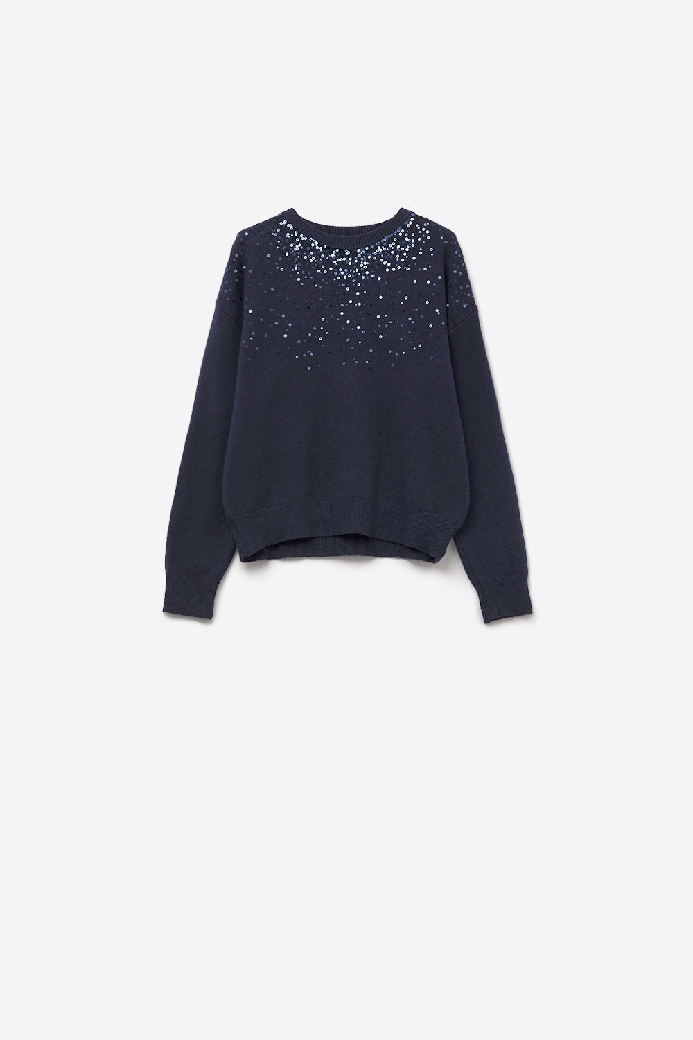 Navy soft knit sweater embellished with sequins on the front