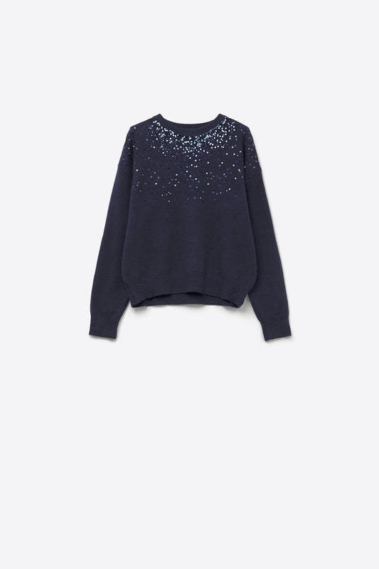 Navy soft knit sweater embellished with sequins on the front