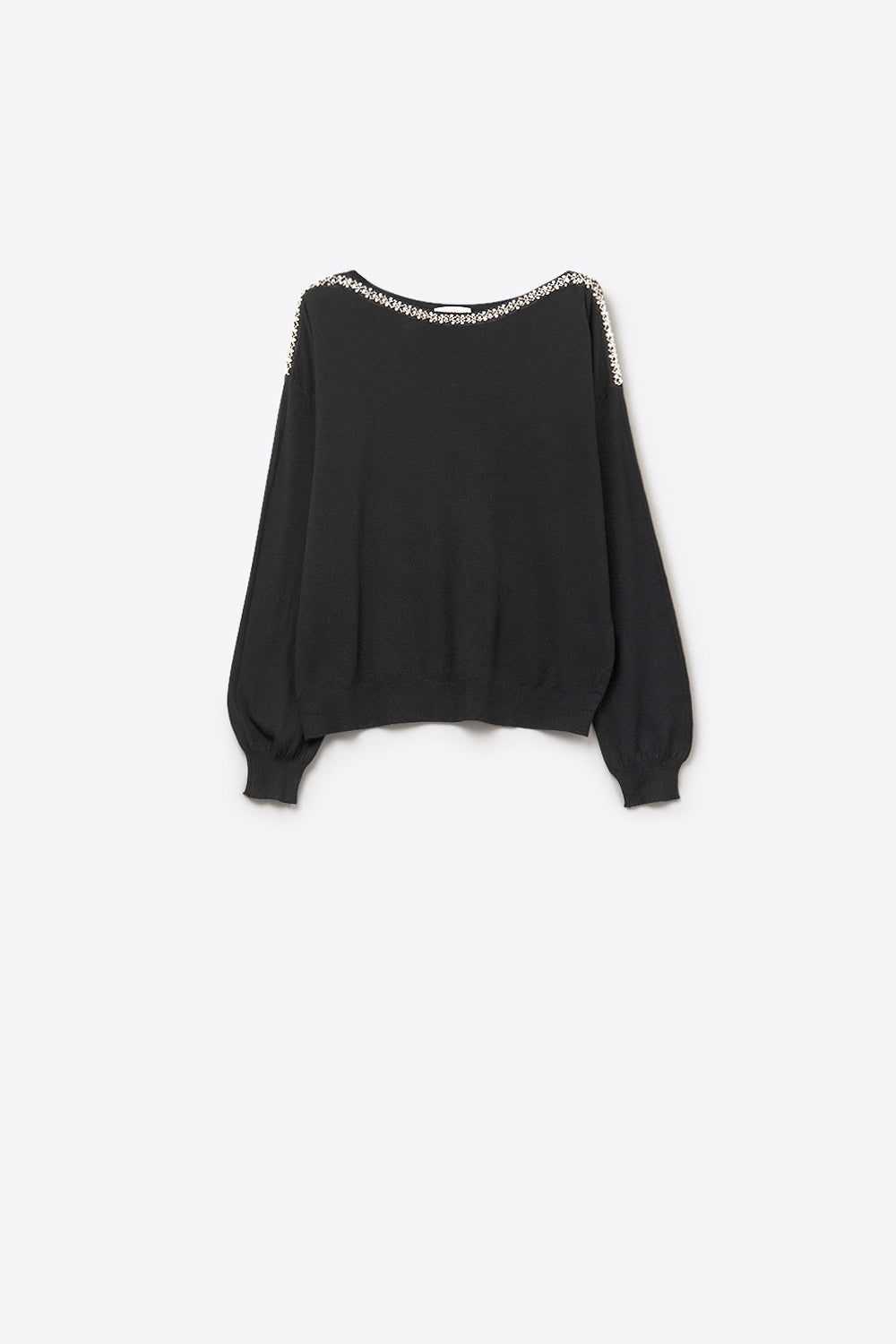 black fine knit sweater with a boat neck and rhinestone detail