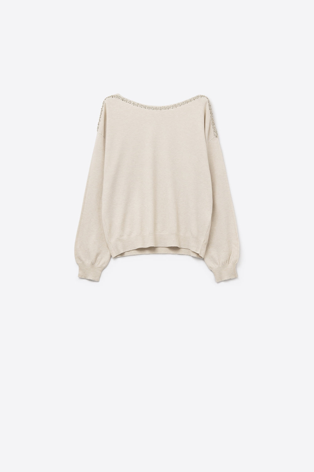 cream fine knit sweater with a boat neck and rhinestone detail