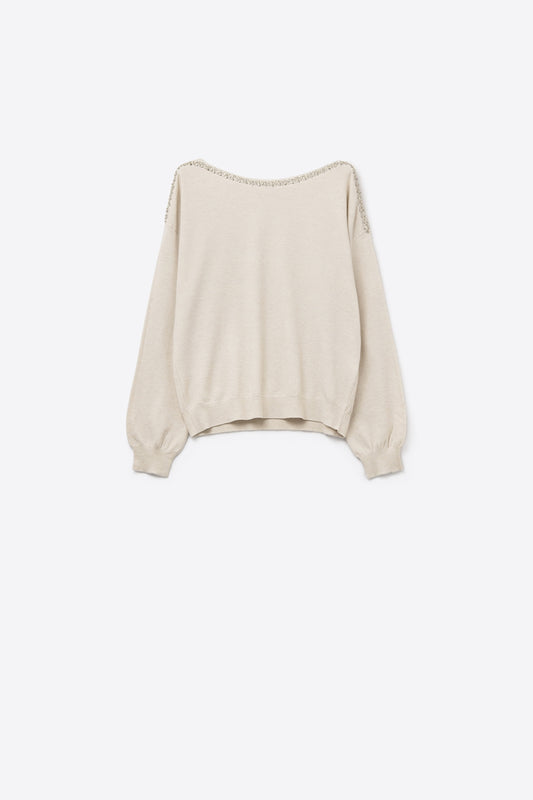 cream fine knit sweater with a boat neck and rhinestone detail