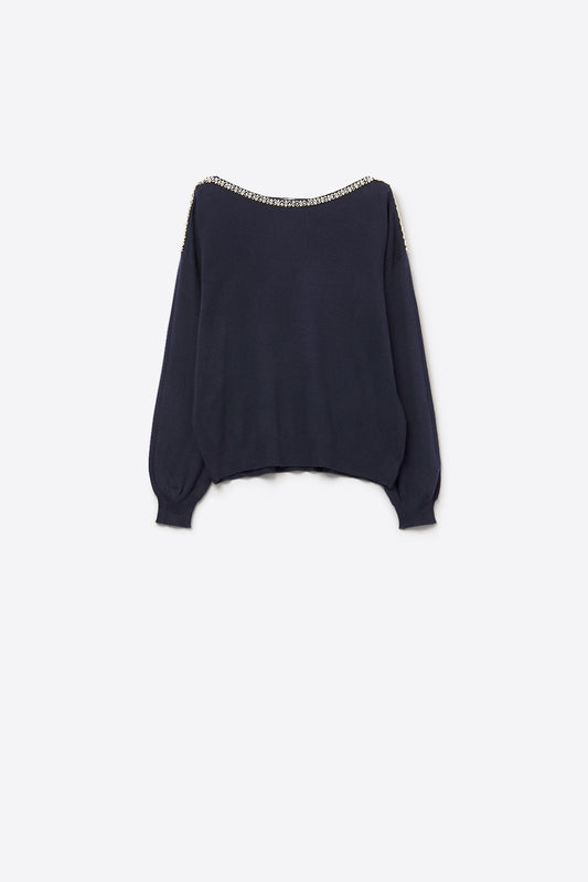 navy fine knit sweater with a boat neck and rhinestone detail