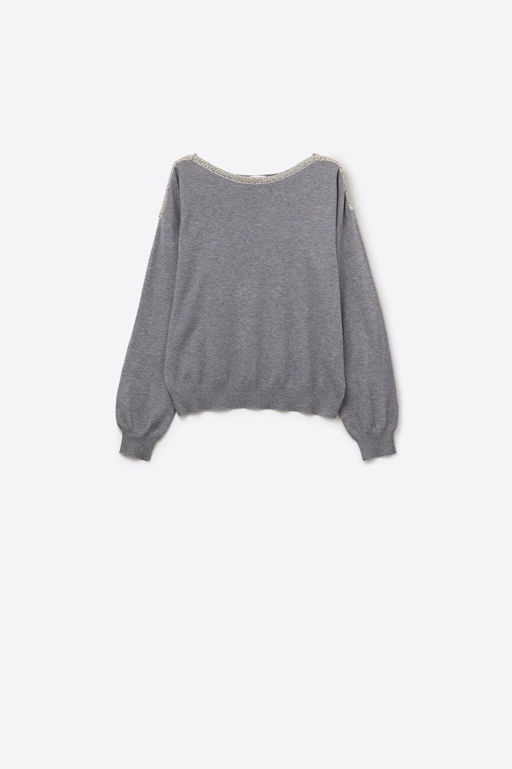 grey fine knit sweater with a boat neck and rhinestone detail