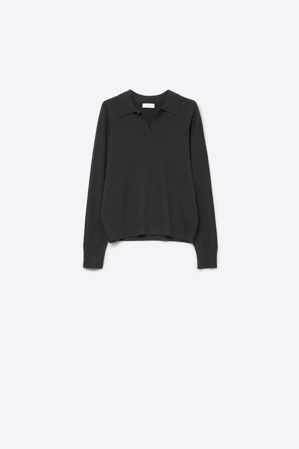 Black Knitted polo collar with V-neckline no button placket - Polos