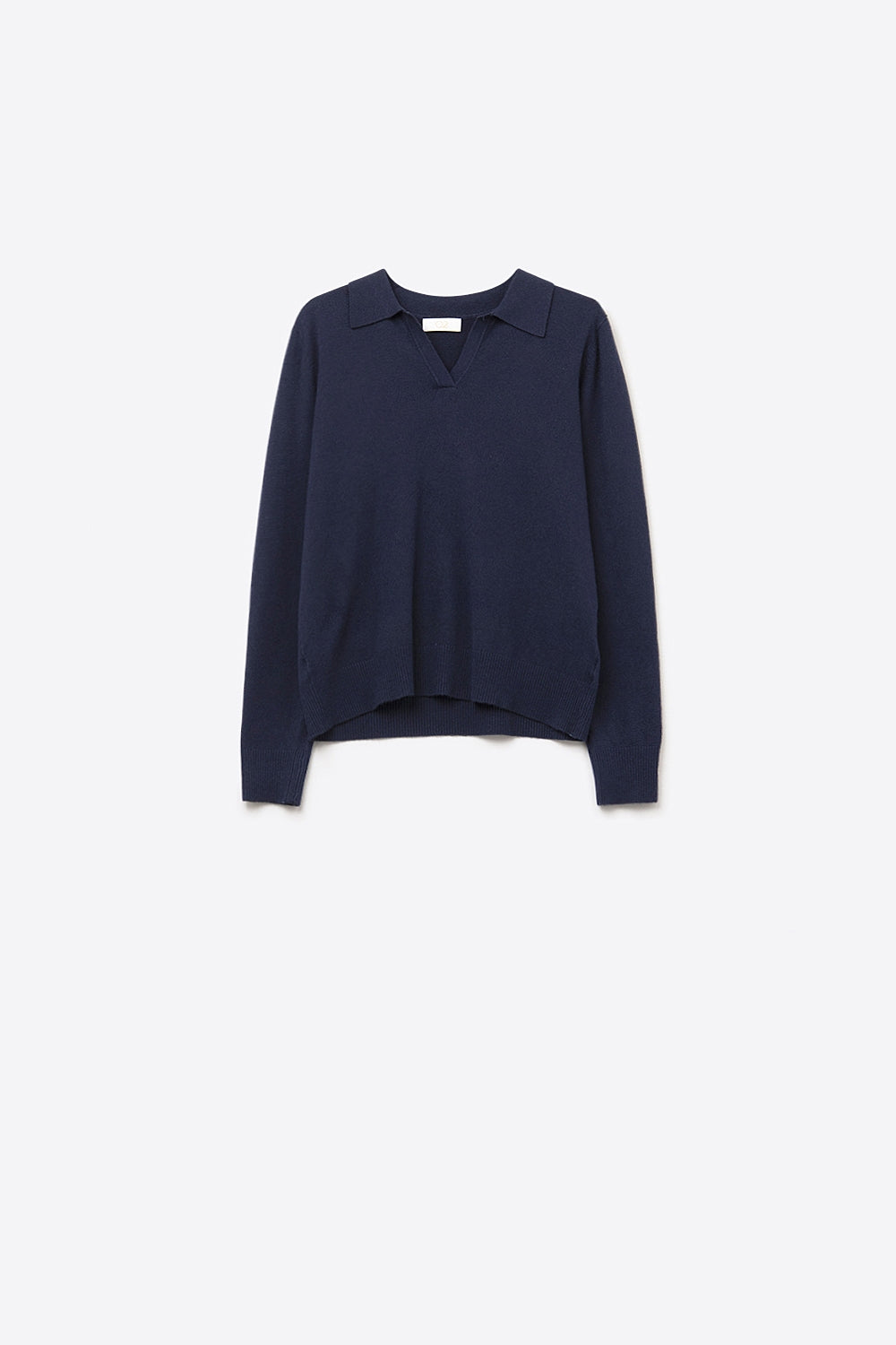 Navy Knitted polo collar with V-neckline no button placket - Polos