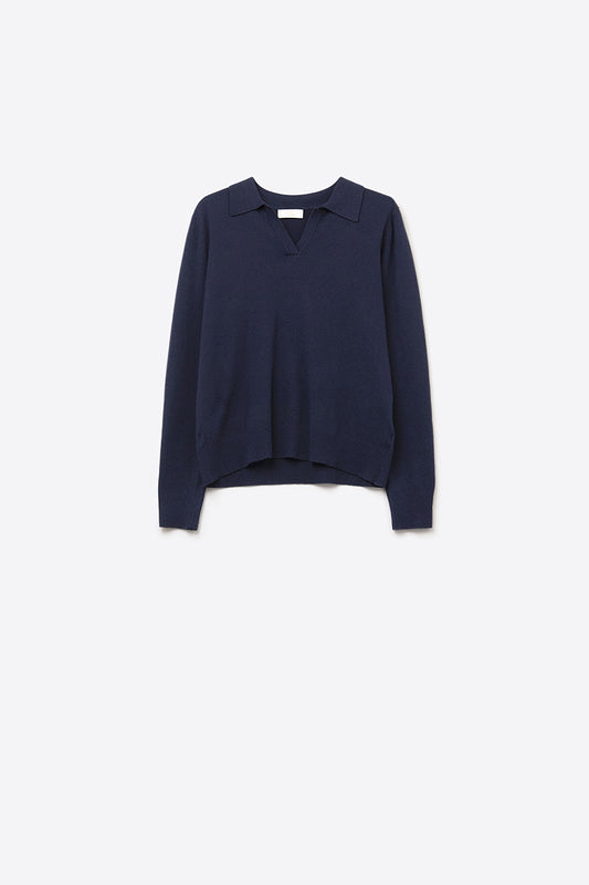 Navy Knitted polo collar with V-neckline no button placket - Polos